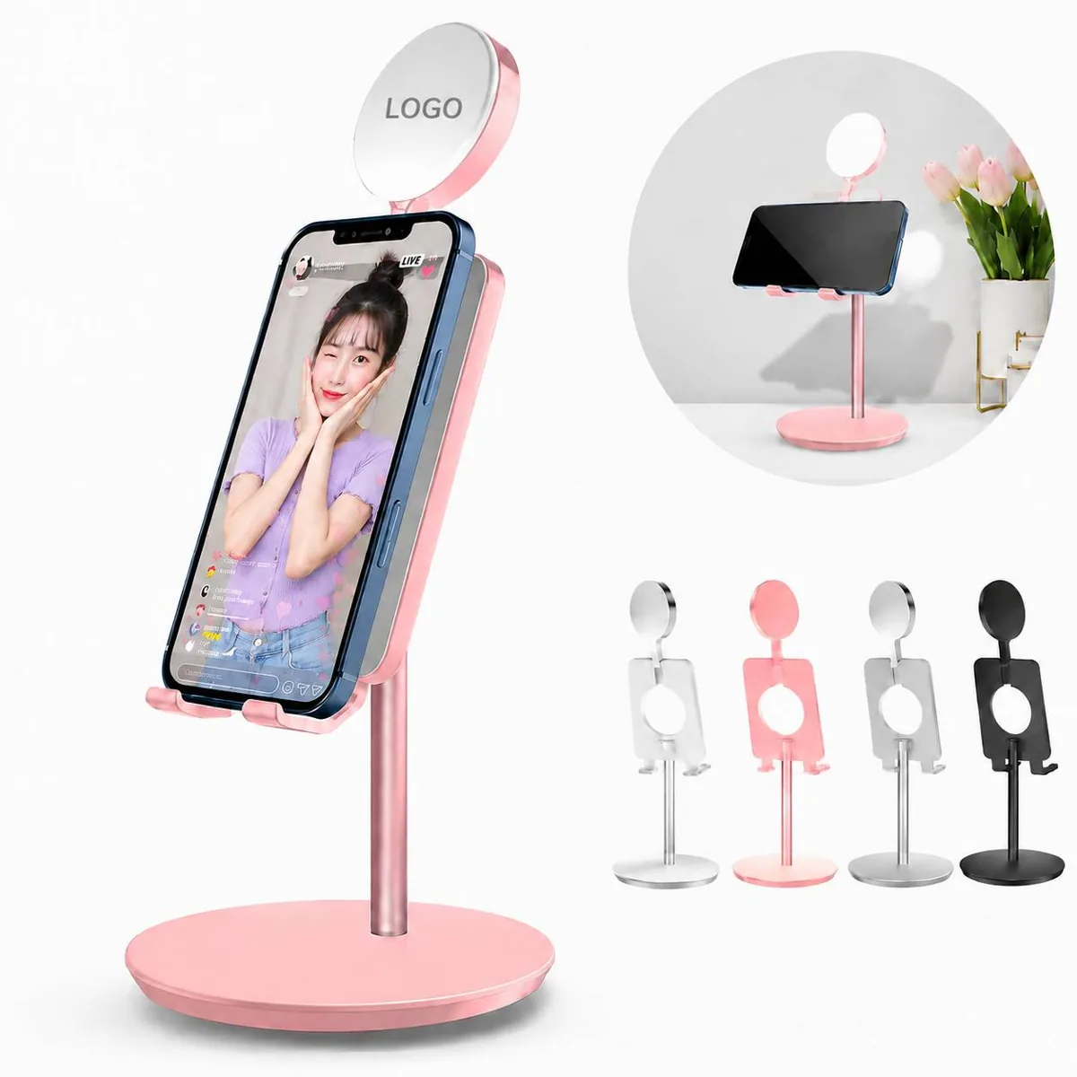 Phone Stand with LED Ring Light, 3 Brightness Modes