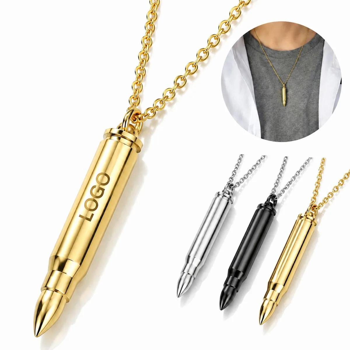 Custom Steel Bullet Pendant Necklace Polished Finish Gift