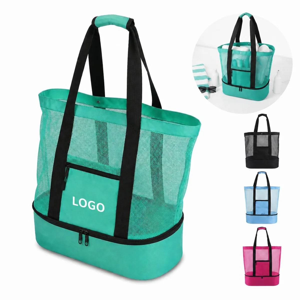 Extra Large Insulated Mesh Beach Tote with Cooler Bottom