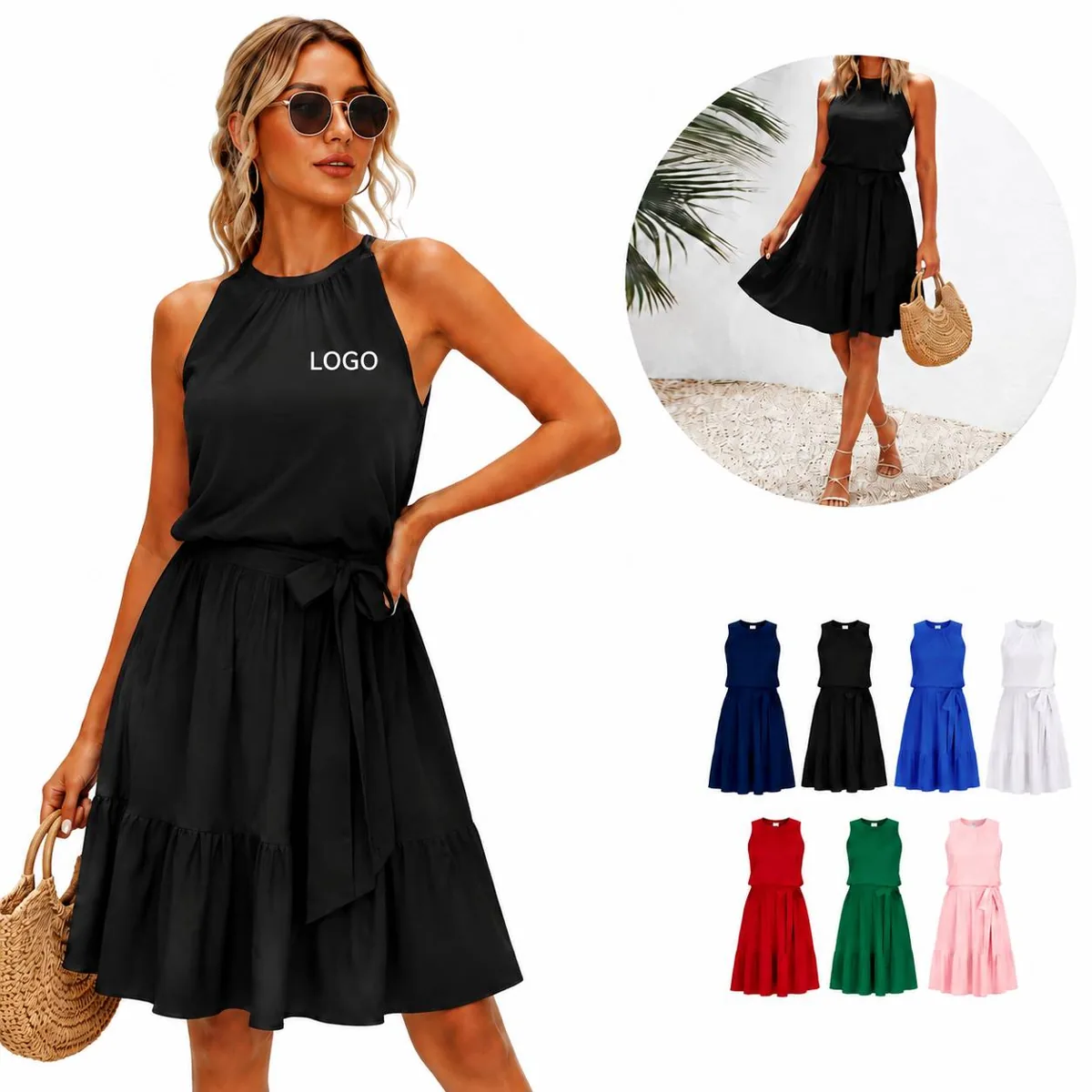 Women Sleeveless Pleated Ruffle Hem Mini Tank Dress