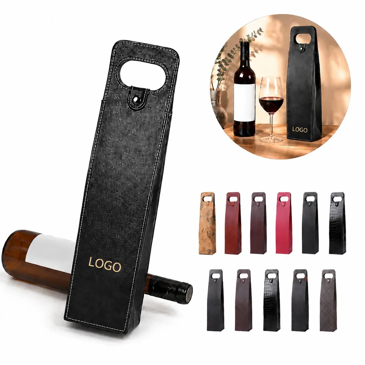 PU Leather Wine Bottle Carrier with Secure Metal Buckle