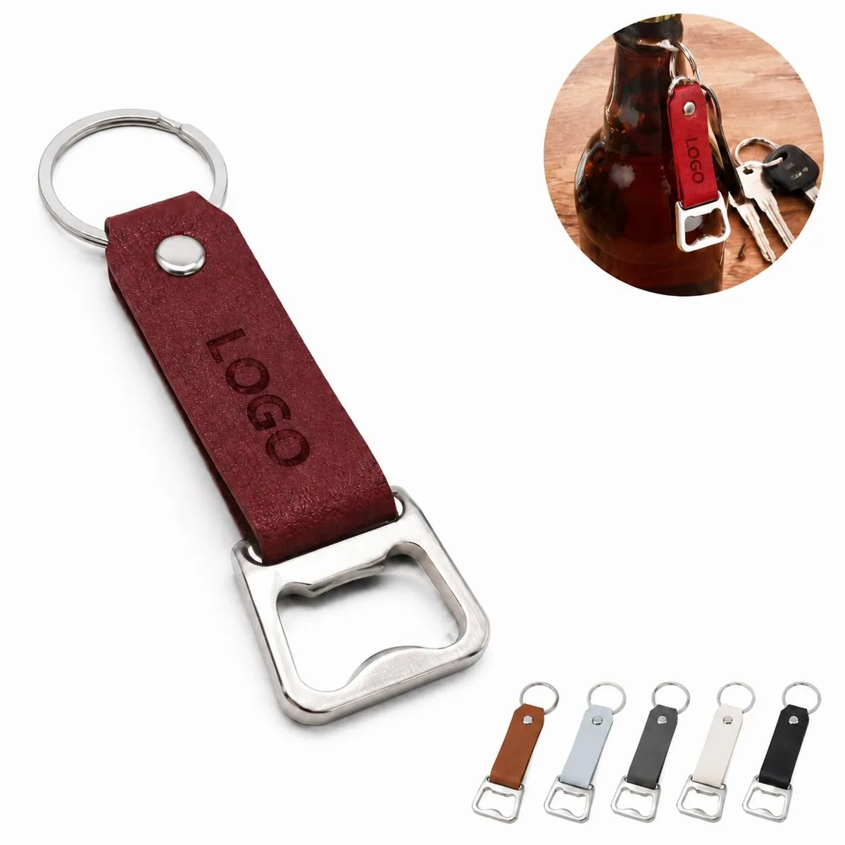 Rustic Leather Keychain Bottle Opener Stainless Steel