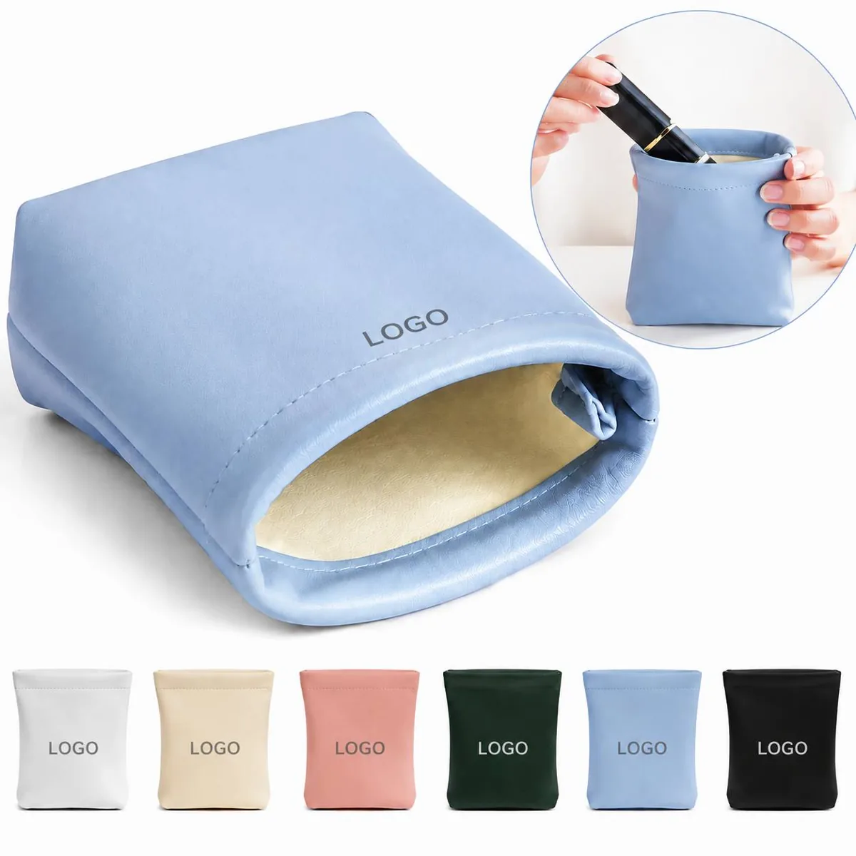 PU Leather Squeeze-Open Makeup Pouch, No Zipper Travel Case