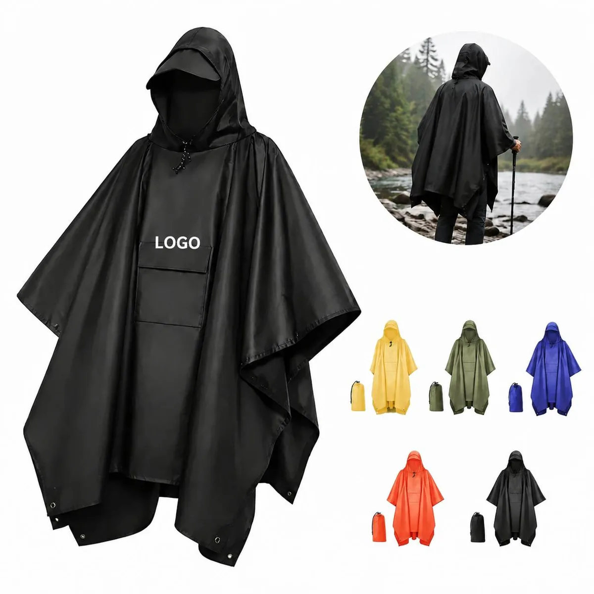 Adult Waterproof Ripstop Rain Poncho Hooded with Pocket