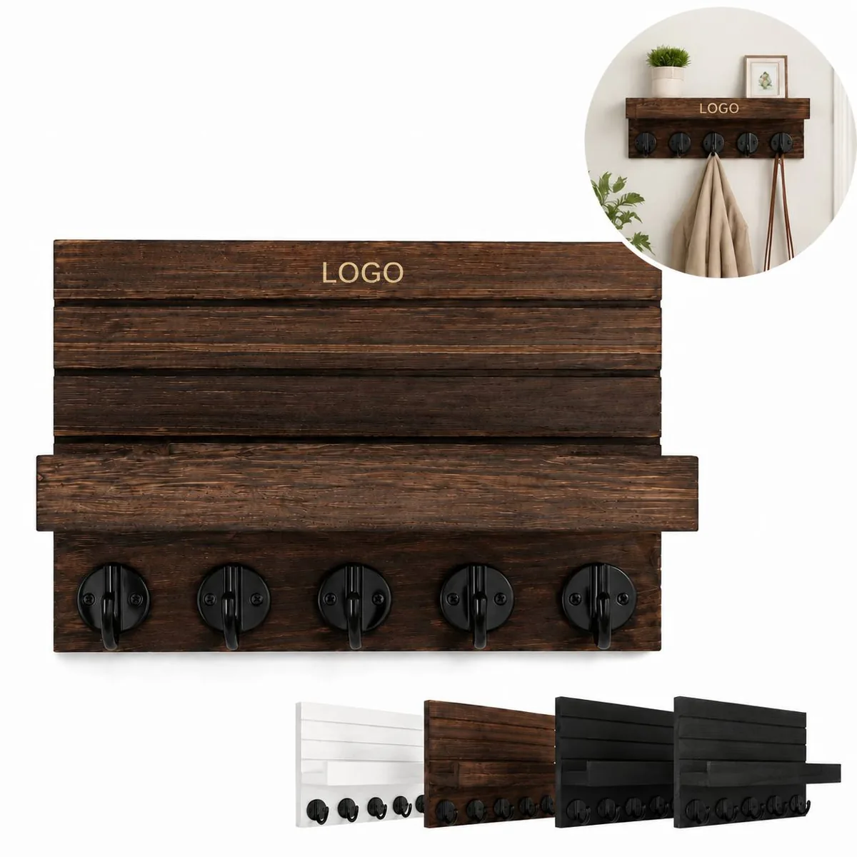 Wall Mounted Entryway Key Caddy Shelf with Sturdy Hooks