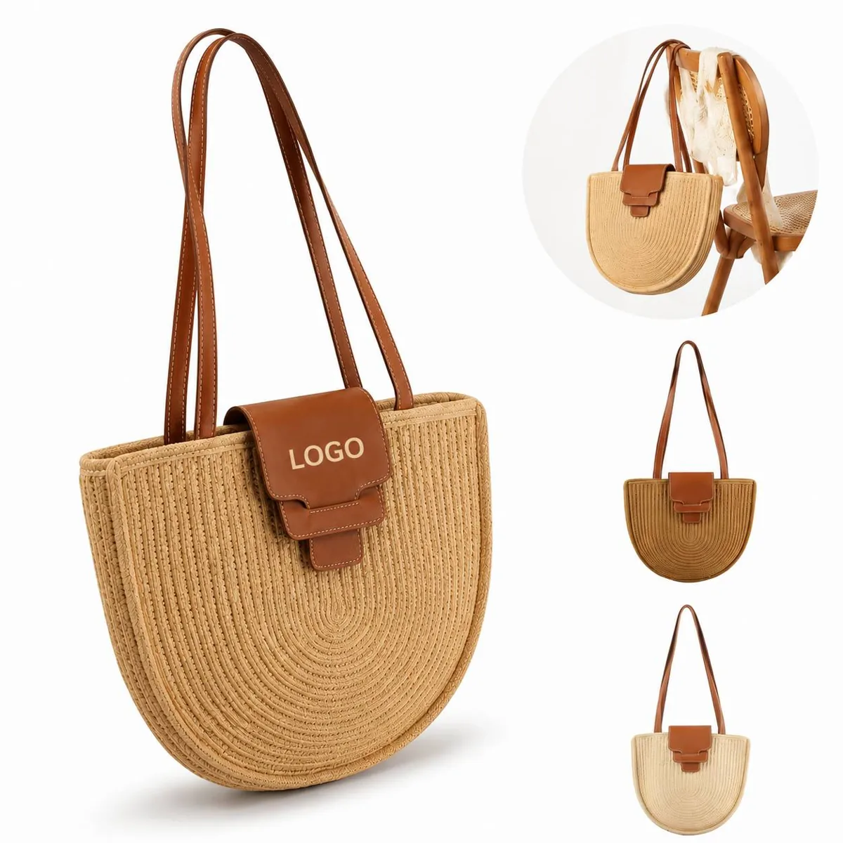 Handwoven Straw Beach Bucket Bag with PU Strap