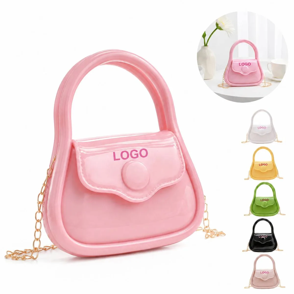 Compact PVC Crossbody Bag with Detachable Chain Strap