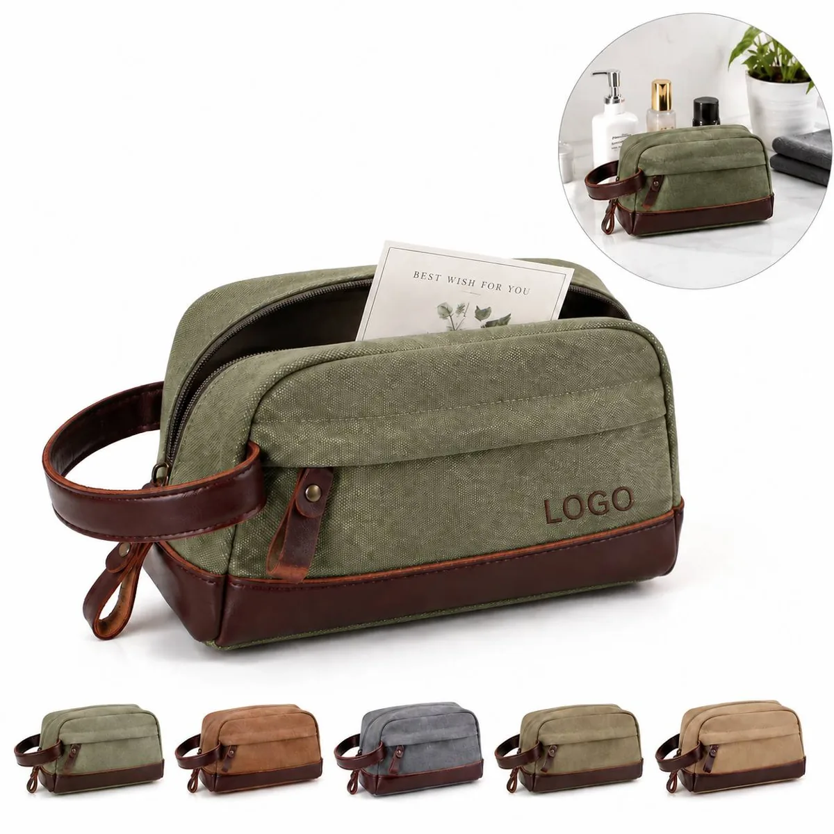 Canvas Toiletry Travel Pouch with Durable PU Leather Trim