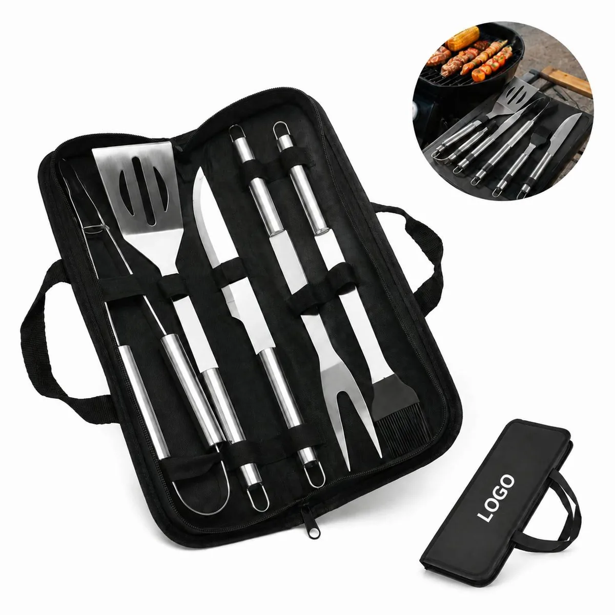 Stainless Steel BBQ Tool Kit 5 Piece Set with Tote Bag