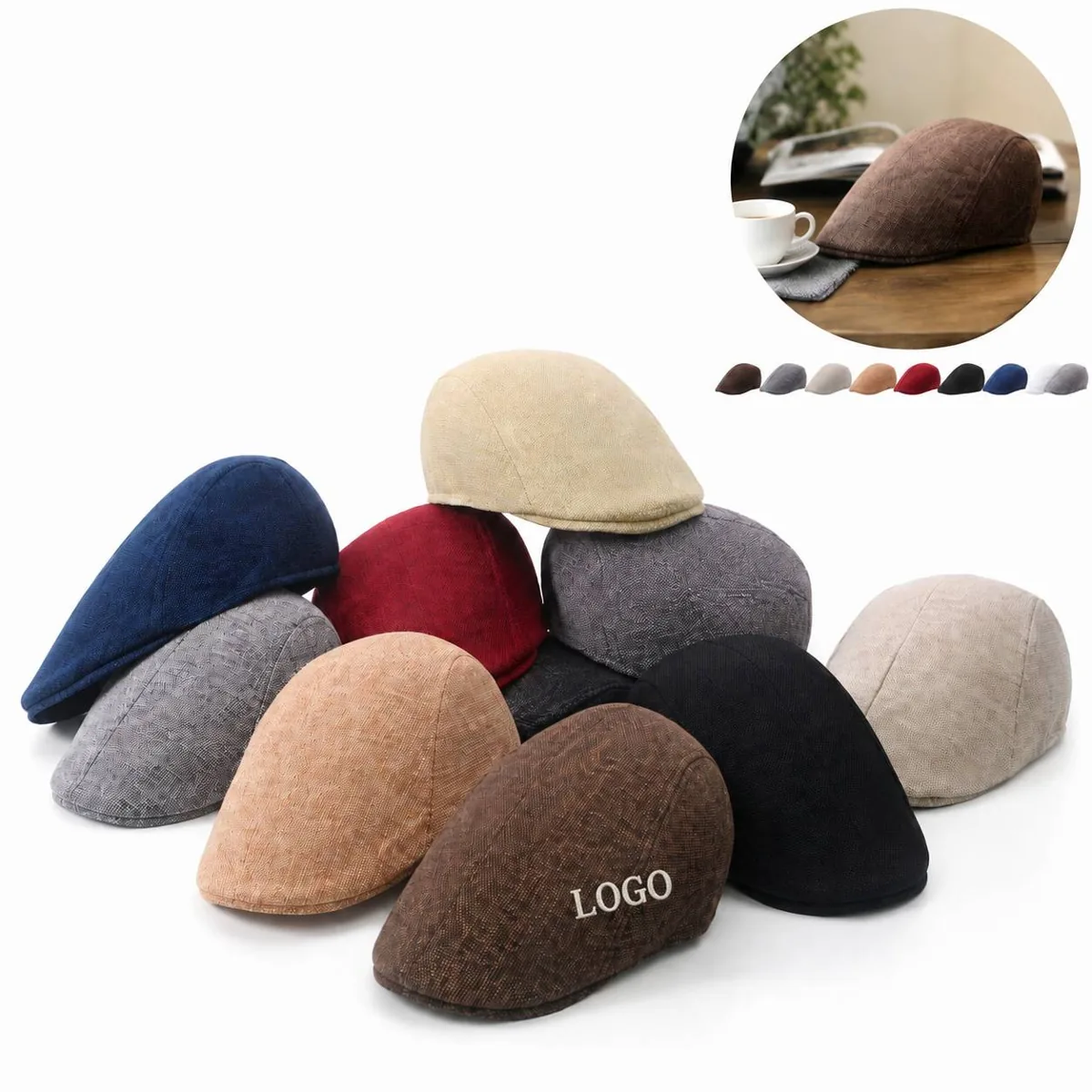 Cotton Linen Blend Casual Flat Cap for Men Women, Breathable