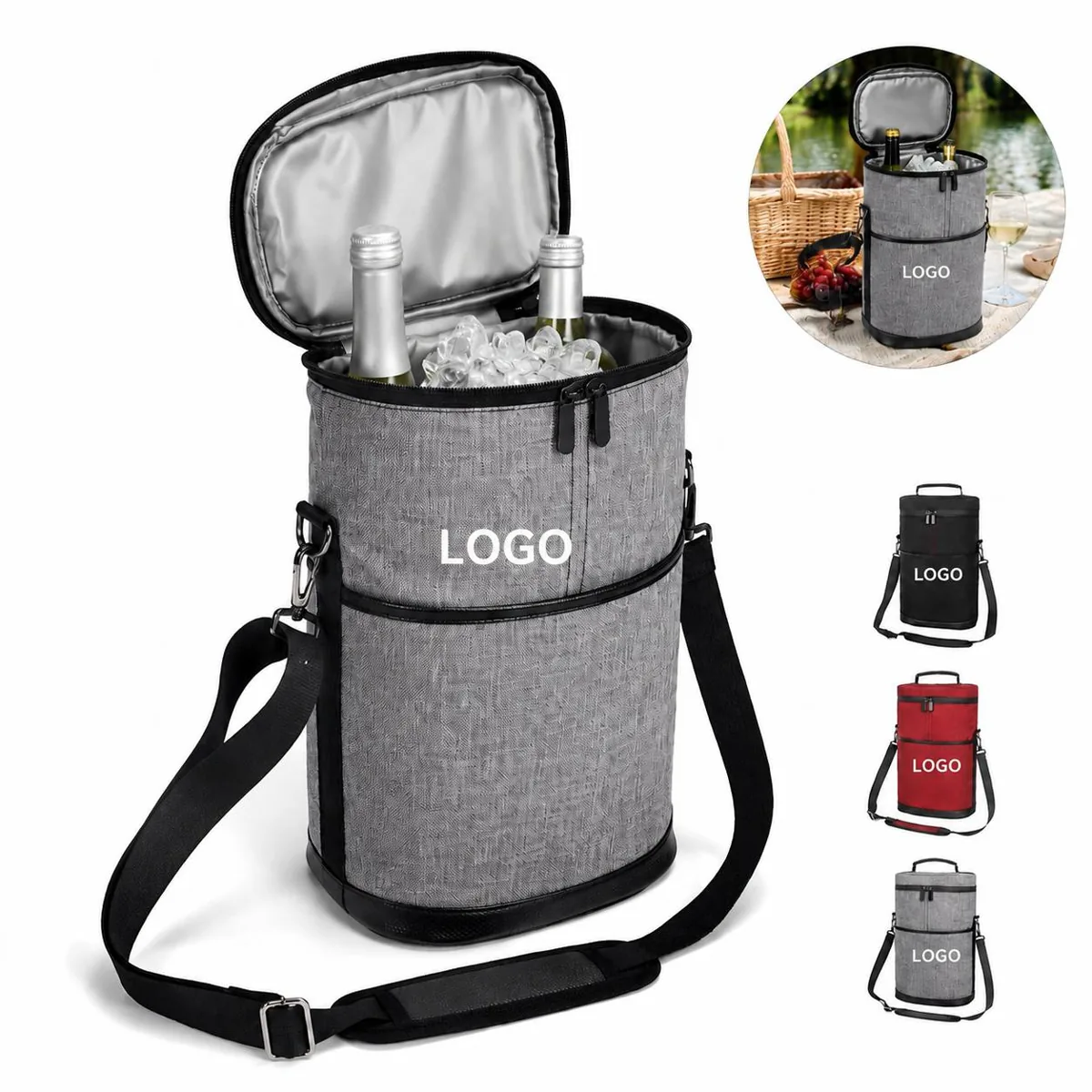 Portable Insulated Round Cooler Tote with Adjustable Strap