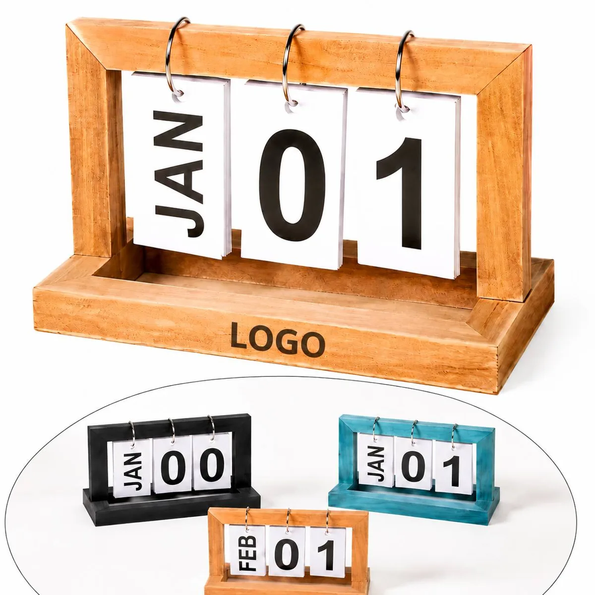 Vintage Wooden Perpetual Flip Desk Calendar, Month Day