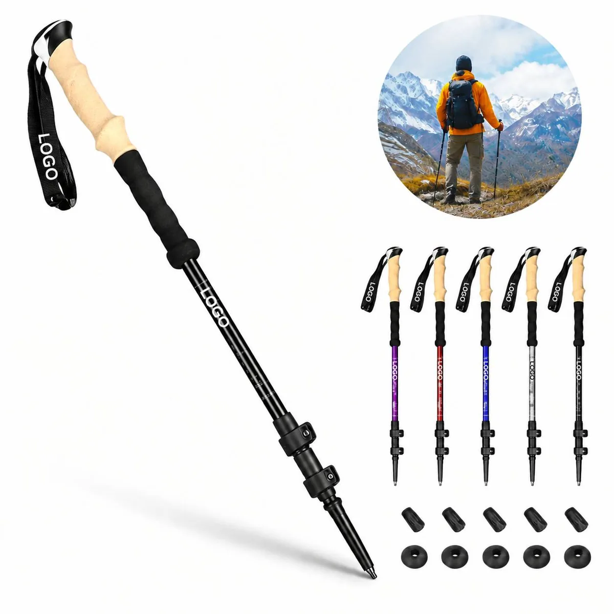 Custom Logo Collapsible Aluminum Trekking Poles with Cork