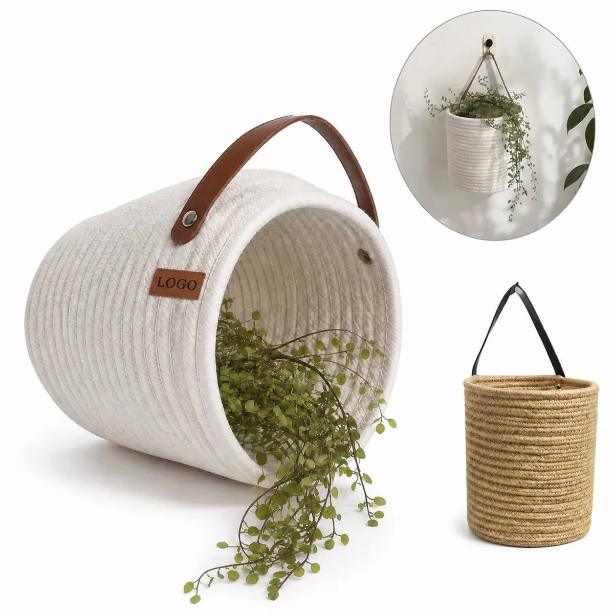 Cotton Woven Wall Basket with Leather Strap, Collapsible