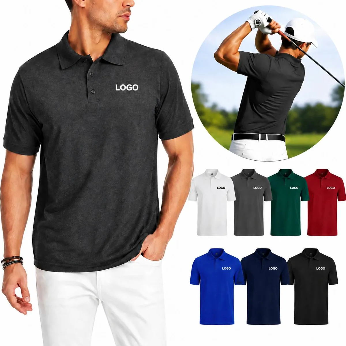 Men's Short Sleeve Polo Shirt with Ribbed Collar