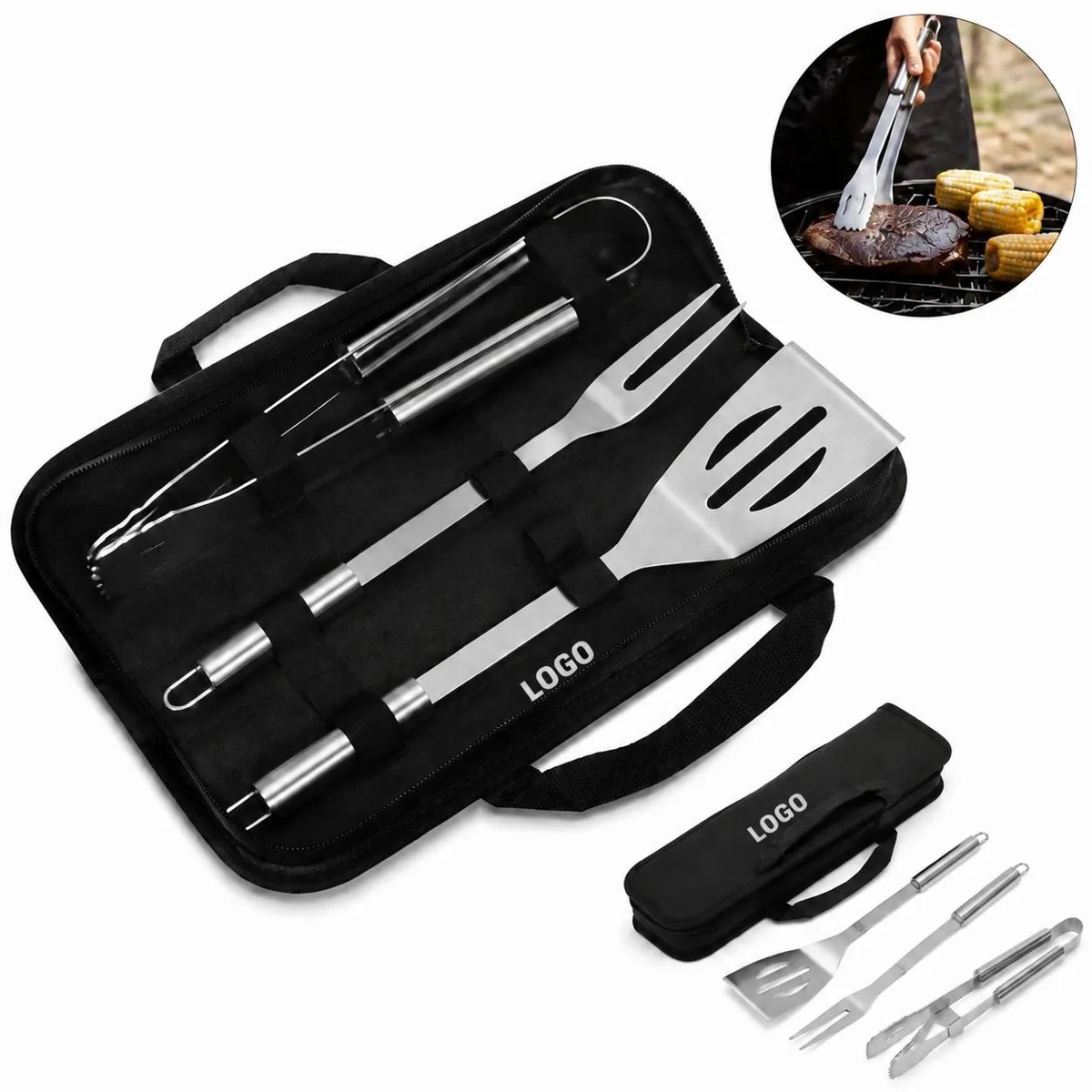 3 Piece Stainless Steel BBQ Grill Tool Set with Travel Pouch