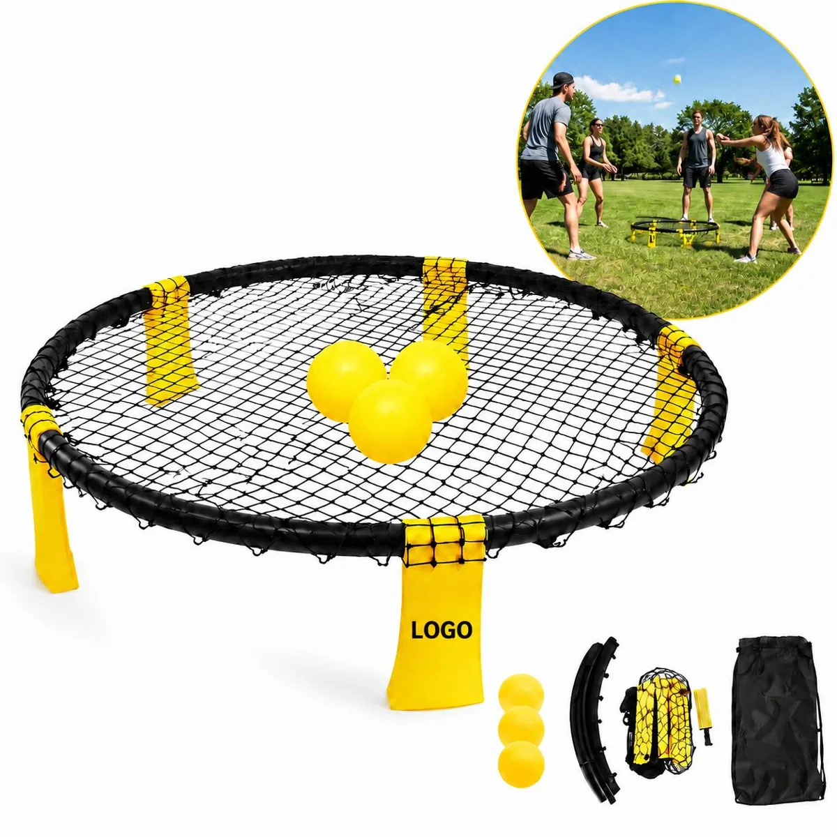 4 Player Bounce Net Game Set with 2 Balls, Rule Book, Easy