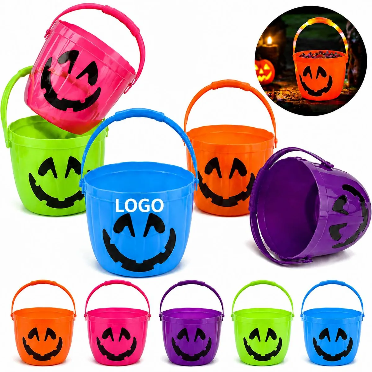 Glowing Jack-O-Lantern Halloween Pail with LED Light