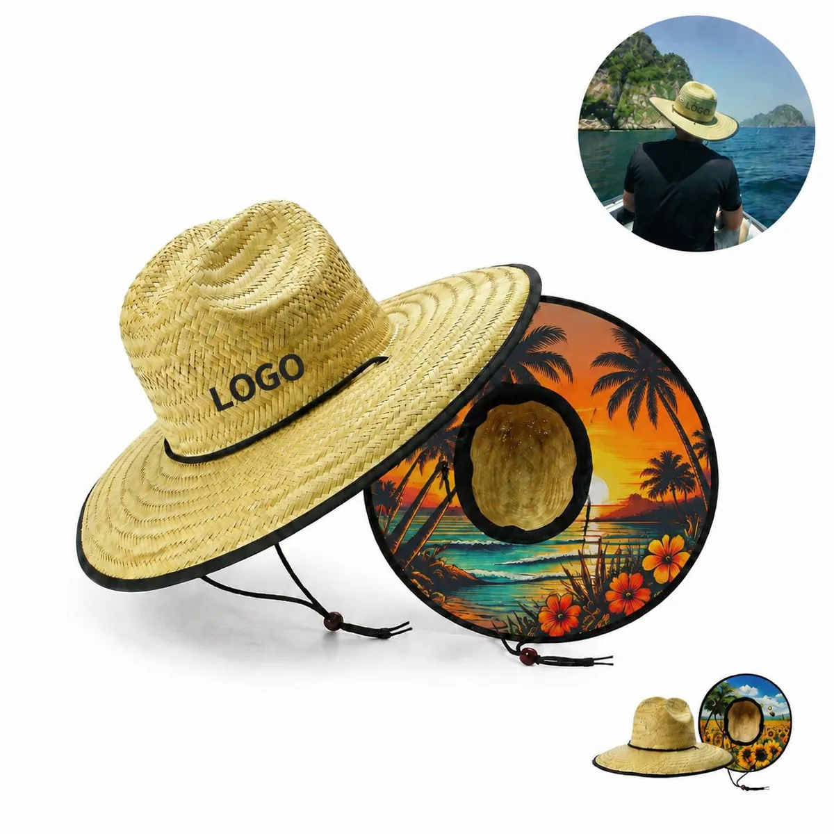 Adjustable Wide Brim Sun Straw Hat with Chin Cord Sweatband