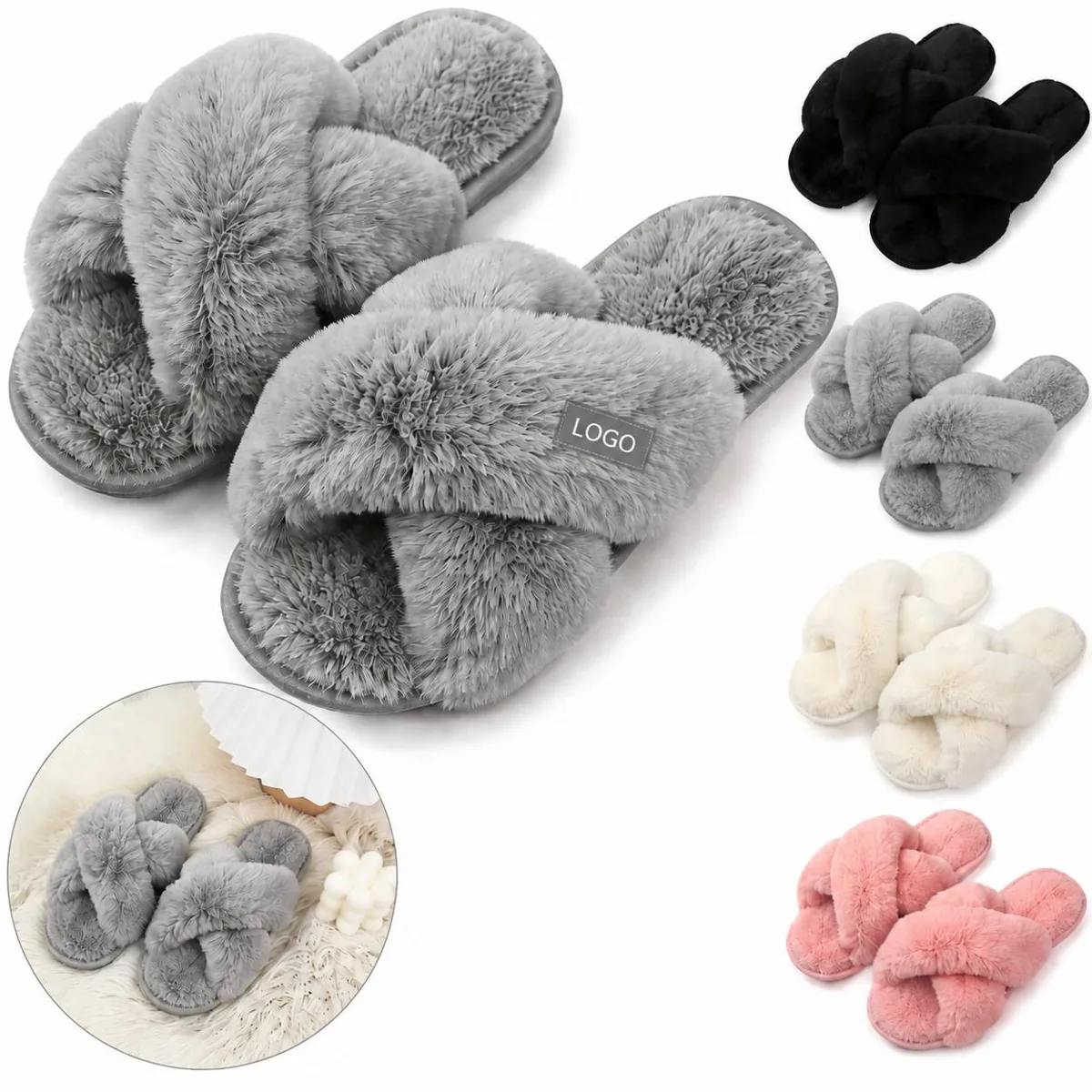Women Faux Fur Wrap Band Open Toe Slippers Cozy Warm Home