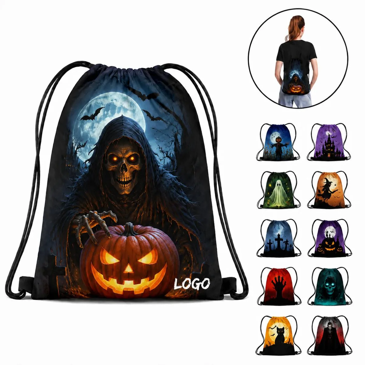 Spooky Ghost Halloween Drawstring Backpack, Oxford Fabric