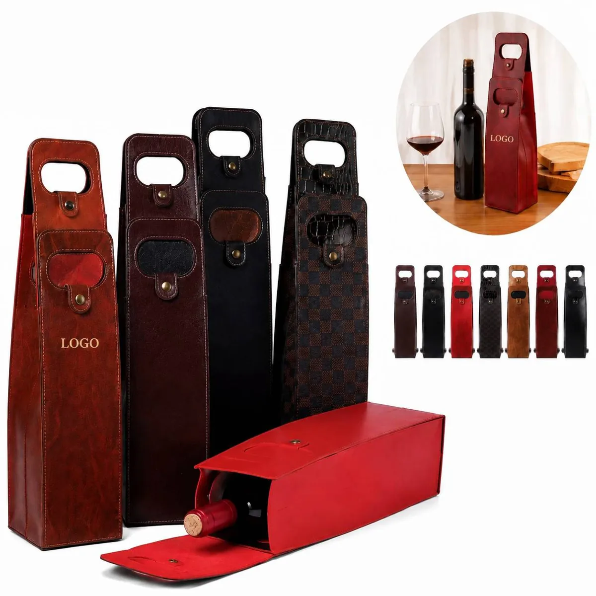 PU Leather Wine Bottle Carrier Pouch with Metal Clasp