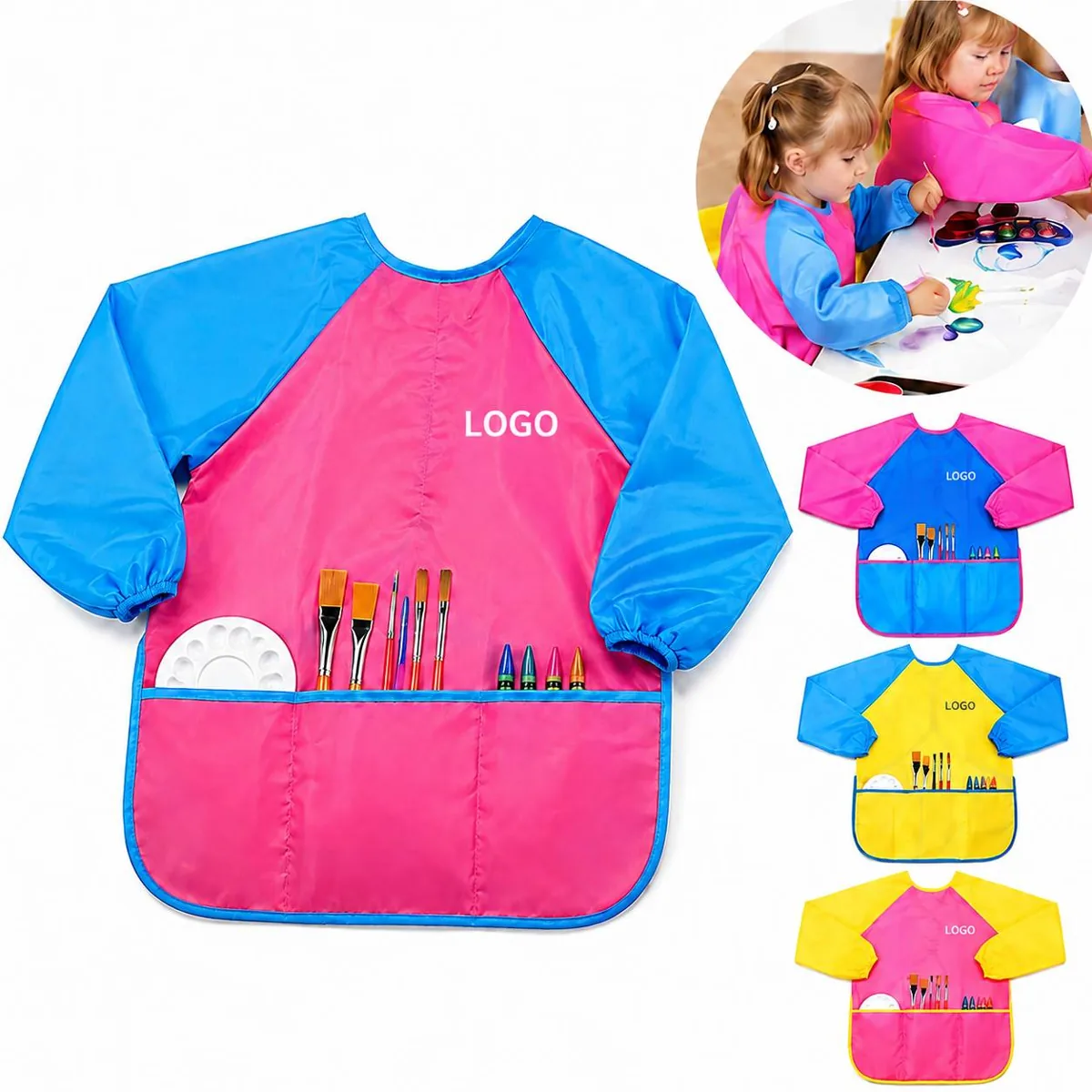 Kids Waterproof Painting Apron with 3 Pockets for Ages 3-8
