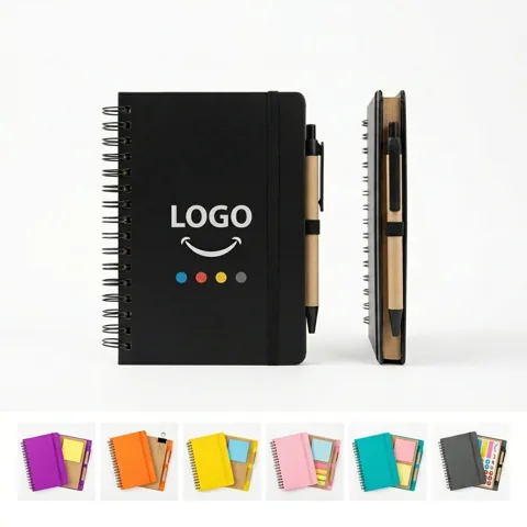 Professional Recycled Spiral Notebook with Notes, Pen & Neon Flags