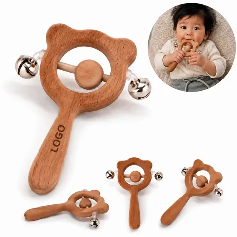 Wooden Animal Baby Bell Toy with Engravable Surface