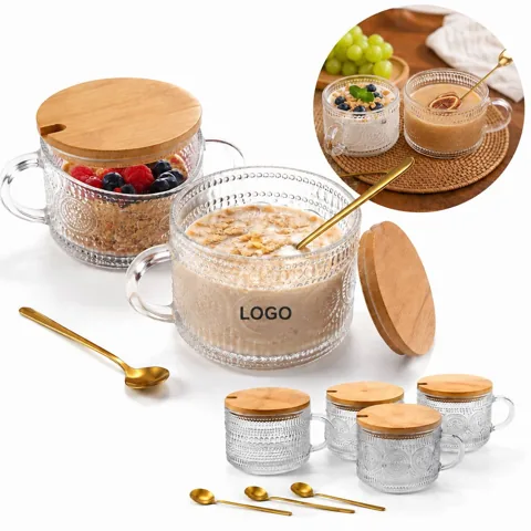 Vintage Clear Glass Coffee Mugs with Bamboo Lids & Gold