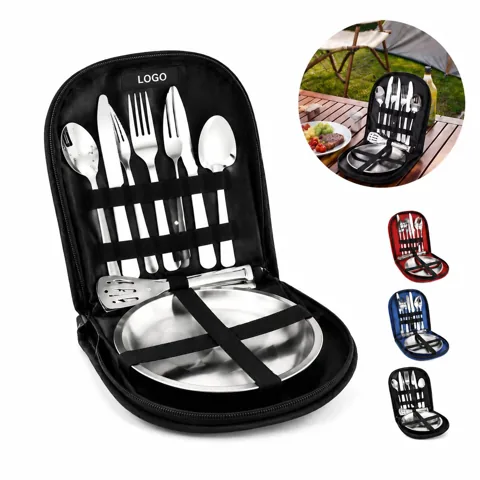 10-Piece Stainless Steel Camping Cutlery Set with Plates