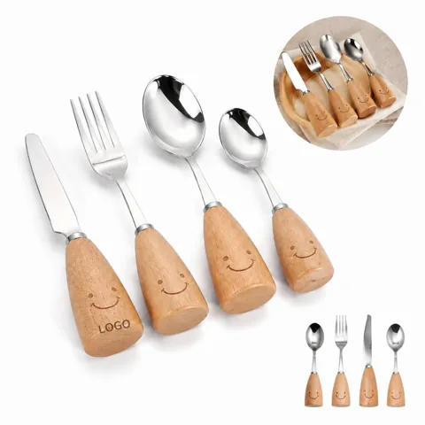 Kids Stainless Steel Flatware Set with Wooden Stand Handles