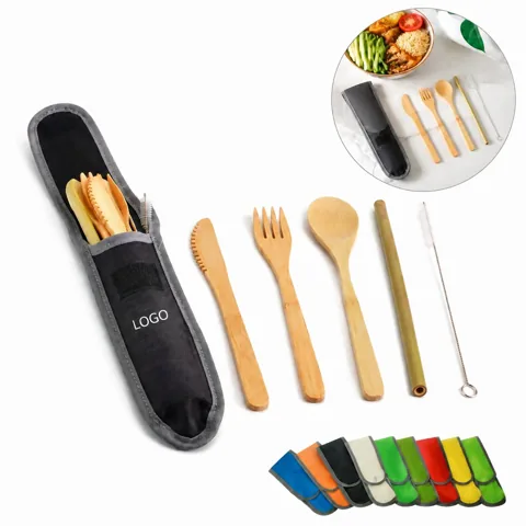 Natural Bamboo Reusable Utensil Set with Straw and Brush