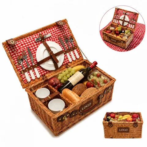 Handwoven Natural Rattan Picnic Basket Rustic Style