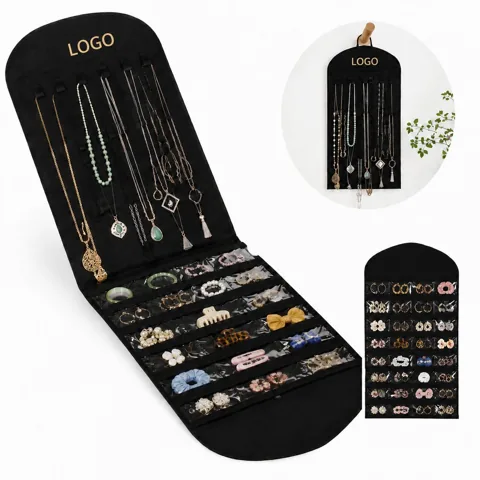 Travel Jewelry Organizer Roll with 32 Clear PVC Pockets