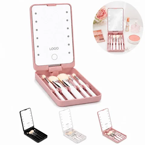 Rechargeable LED Makeup Brush Set with Rotating Mirror