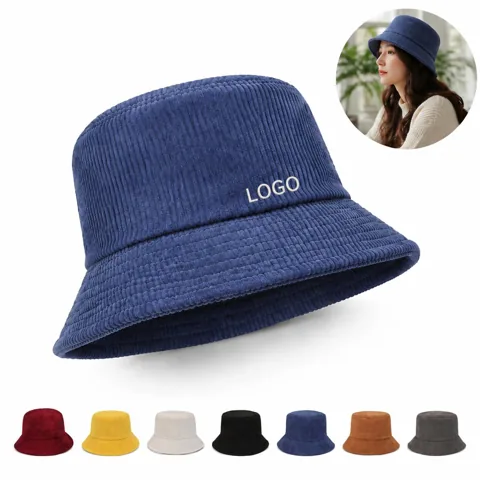 Embroidered Corduroy Bucket Hat for UV Protection