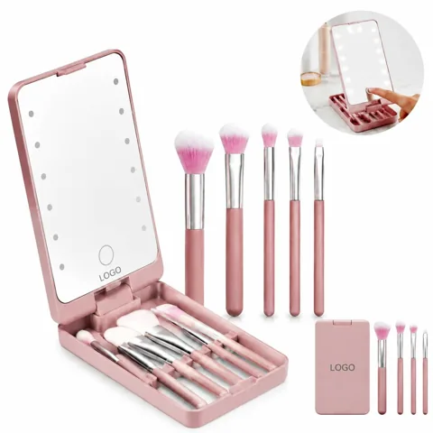 Makeup Brush Set with Mirror, 6 Brushes Travel Case