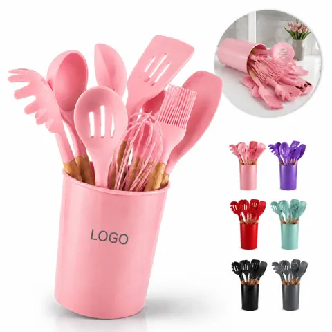 11 Piece Silicone Kitchen Utensil Set with Wooden Handles