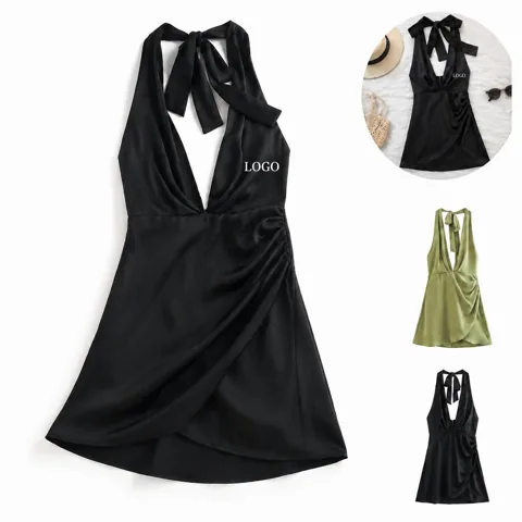 Women Satin Halter Slip Dress with Adjustable Straps