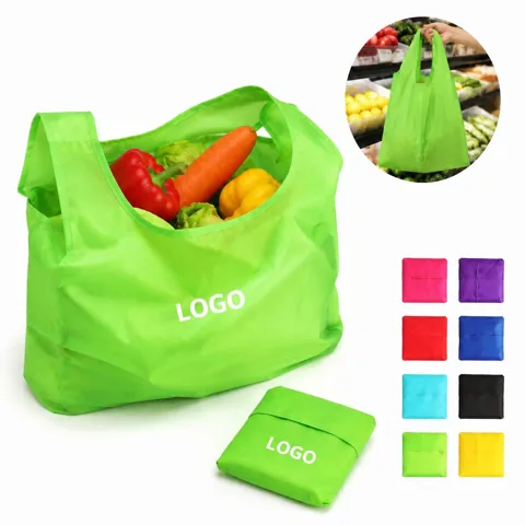 Compact Foldable Reusable Grocery Tote with Attached Pouch