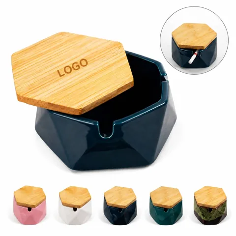 Hexagon Ceramic Ashtray with Lid, U-Shaped Groove