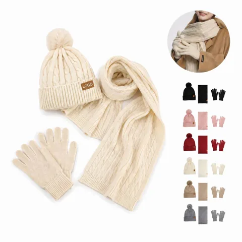 Plaid Winter Hat Scarf Gloves Set with Fleece Lining