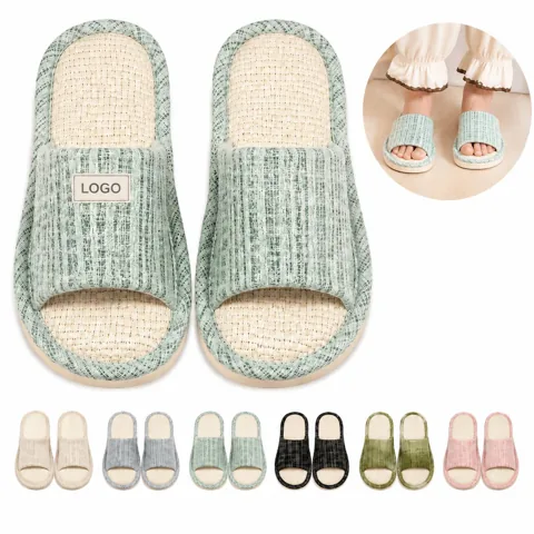 Custom Logo Cloud Cushion Linen Slippers Quiet Non-Slip Sole