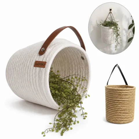 Cotton Woven Wall Basket with Leather Strap, Collapsible